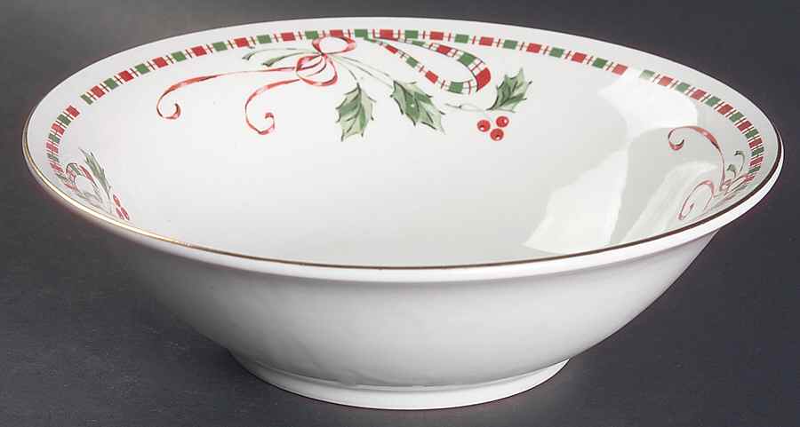 Tartan Ribbon (White Background, Gold Trim) 9" Round Vegetable Bowl by Home Essentials-1