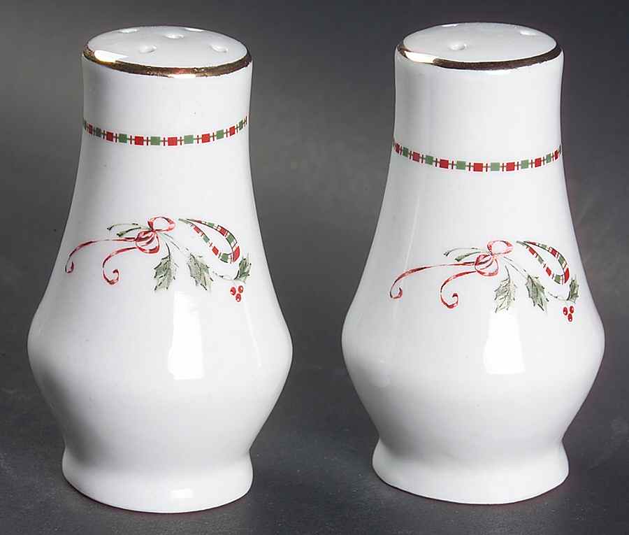 Tartan Ribbon (White Background, Gold Trim) Salt & Pepper Set by Home Essentials-1