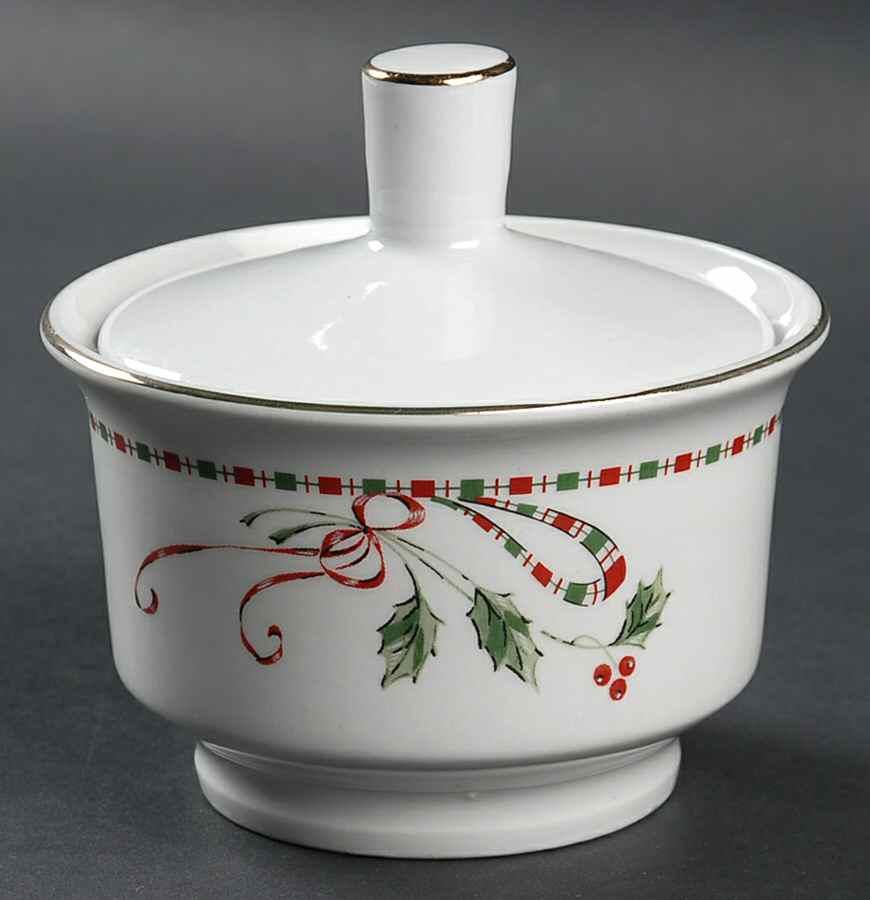 Tartan Ribbon (White Background, Gold Trim) Sugar Bowl & Lid by Home Essentials-1