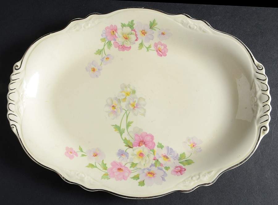 Fluffy Rose (Gold Trim) 11" Oval Serving Platter by Homer Laughlin -1