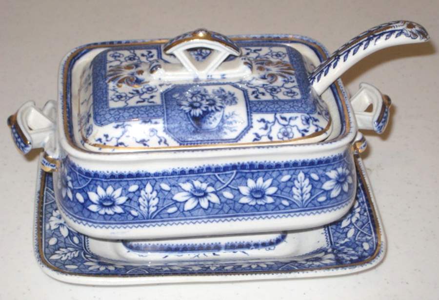 Palmyra Blue Rectangular Tureen &  Lid with Ladle & Underplate by Sampson Hancock & Sons-1