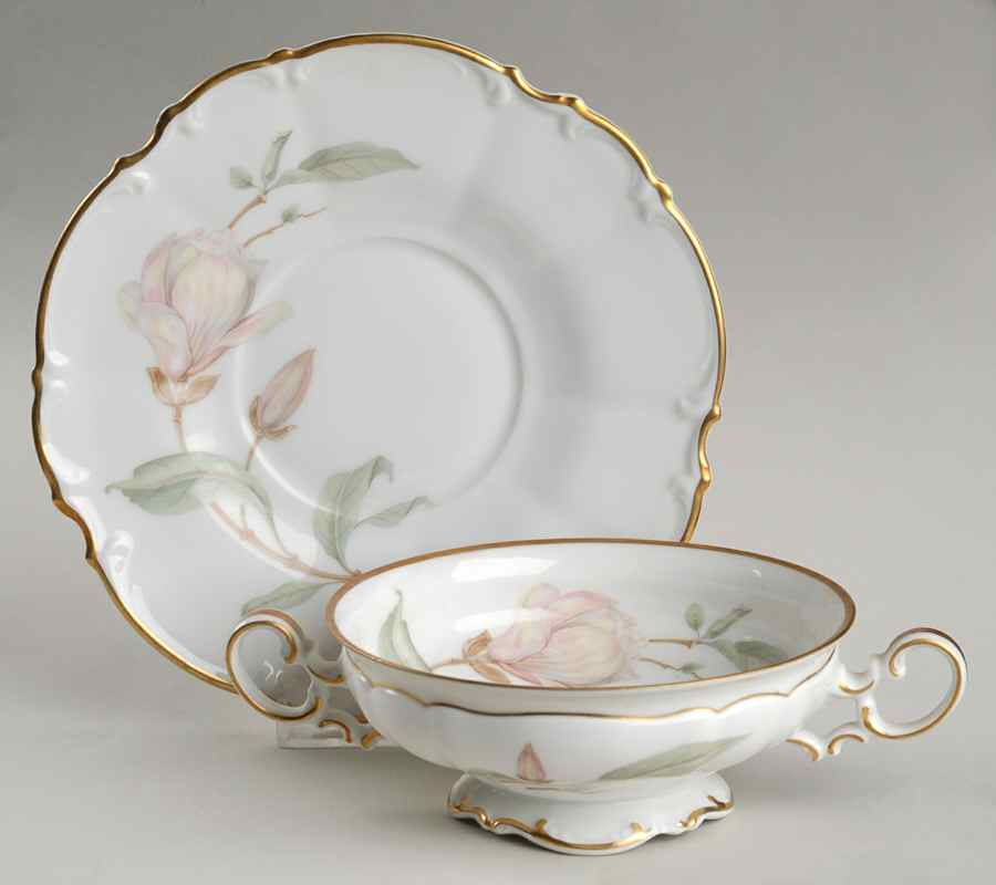 Magnolia (8230, Sylvia, White) Footed Cream Soup Bowl & Saucer Set by Hutschenreuther-1