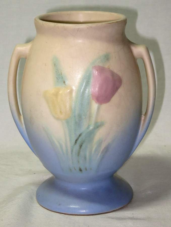 Tulip Yellow Blue 6" Handled Vase by Hull-1