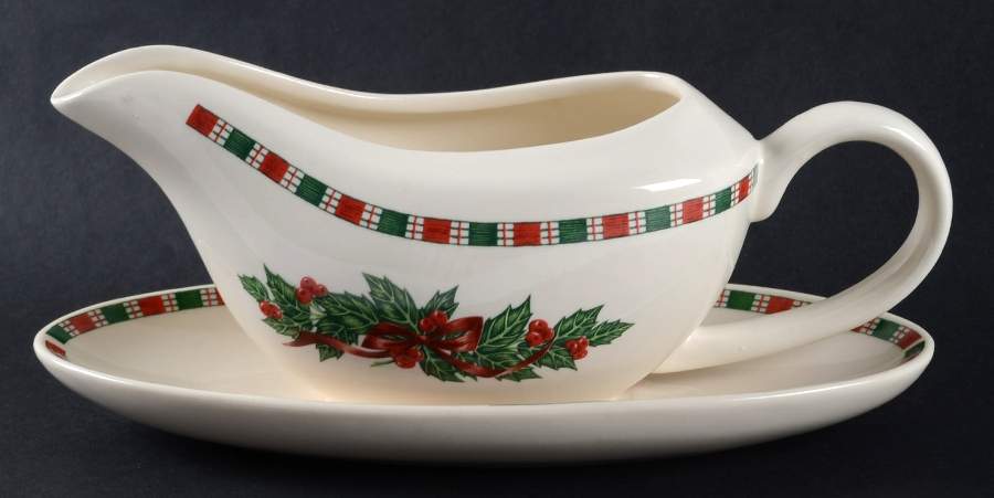 Tartan Ribbon (Cream Background, Gold Trim) Gravy Boat & Underplate by Home Essentials-1