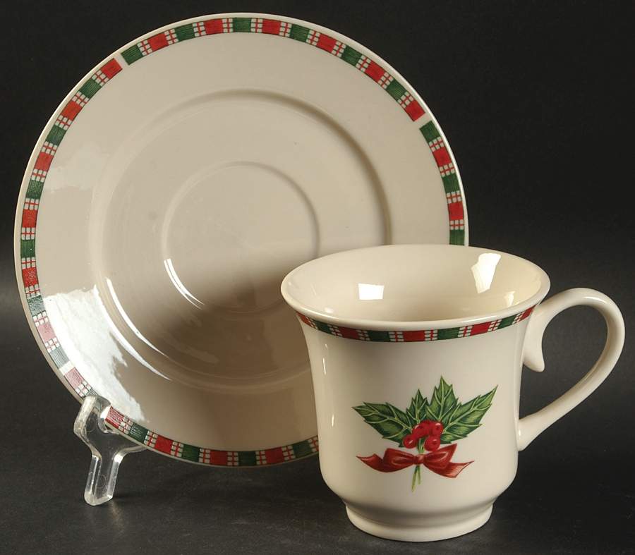 Tartan Ribbon (Cream Background, Gold Trim) Footed Cup & Saucer Set by Home Essentials-1