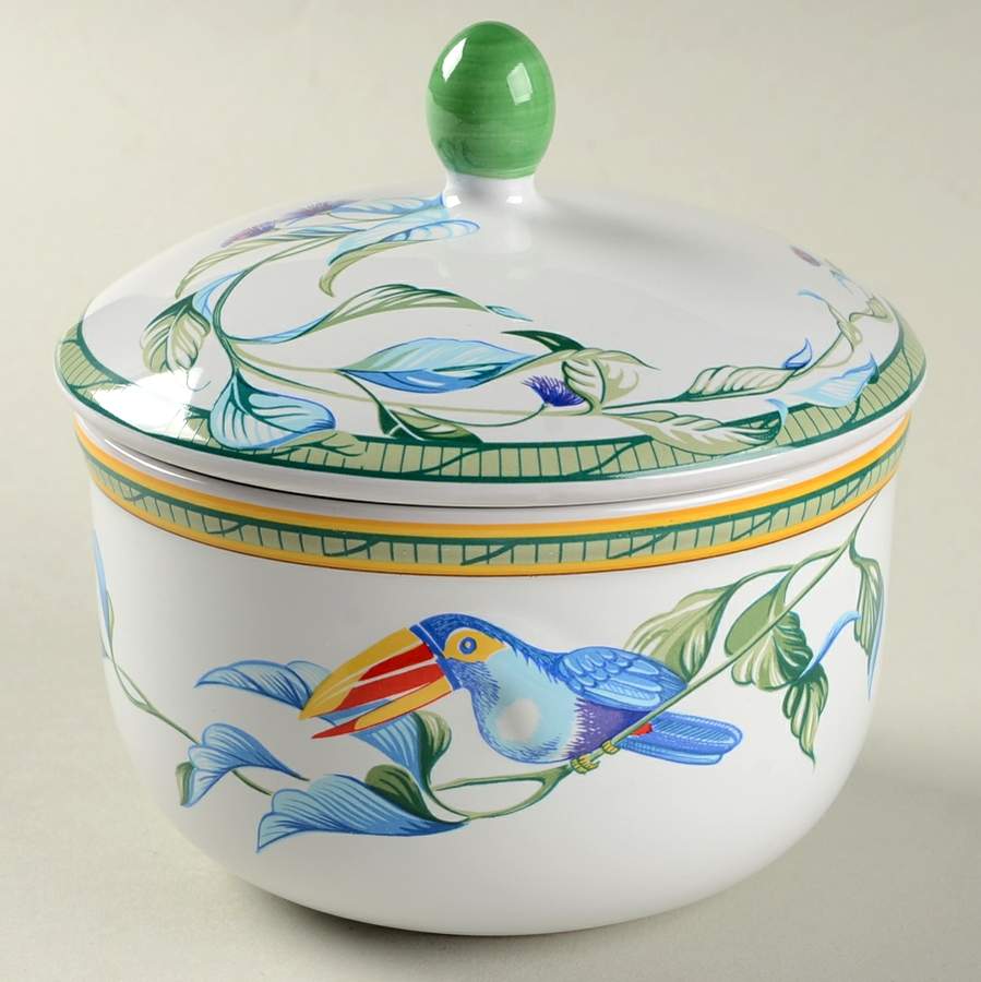 Faience Toucans Sugar Bowl & Lid by Hermes-1