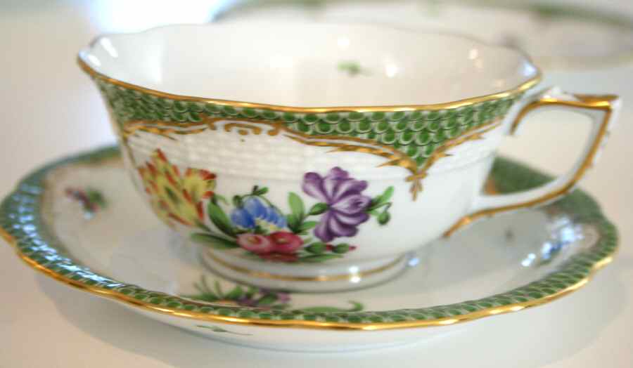 Printemps Green Border Footed Cup & Saucer Set by Herend-1