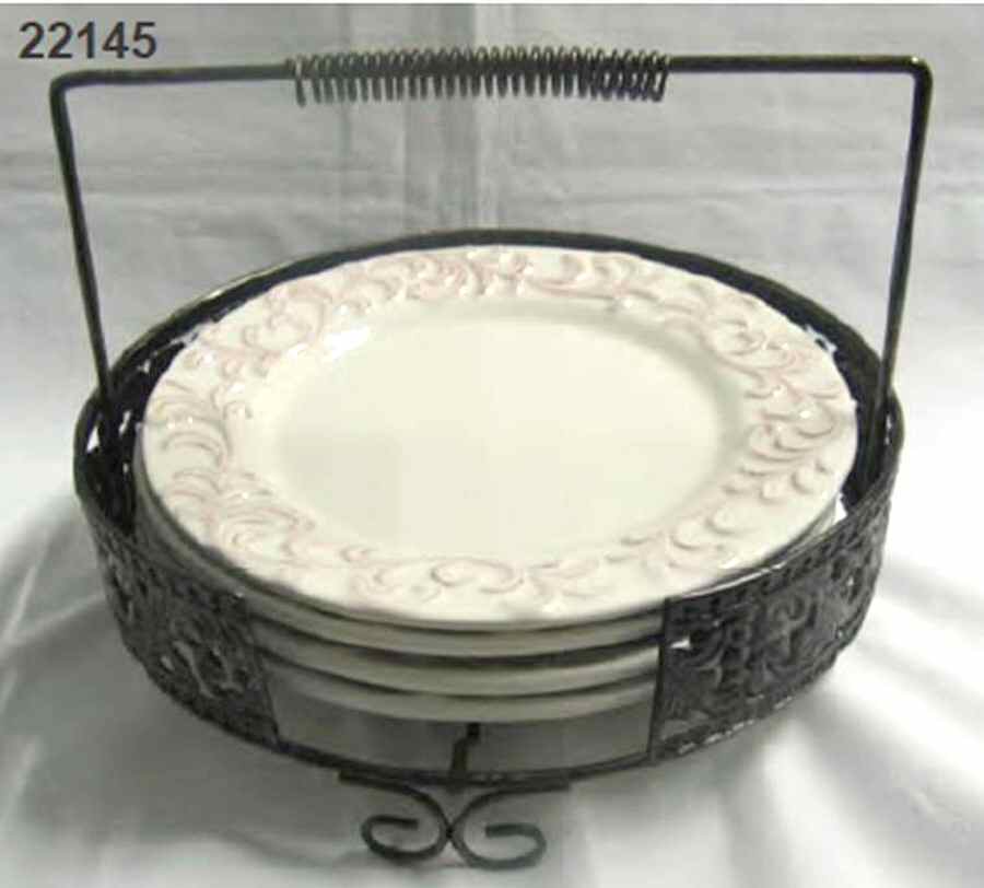 Scroll Salad Set (4 Salad/Dessert Plates & Metal Holder) by Home Essentials-1
