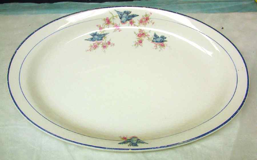 Bluebird (Blue Trim & Blue Band) 13" Oval Serving Platter by Homer Laughlin -1