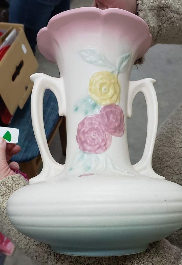 Camellia Open Rose 8" Handled Vase by Hull-1
