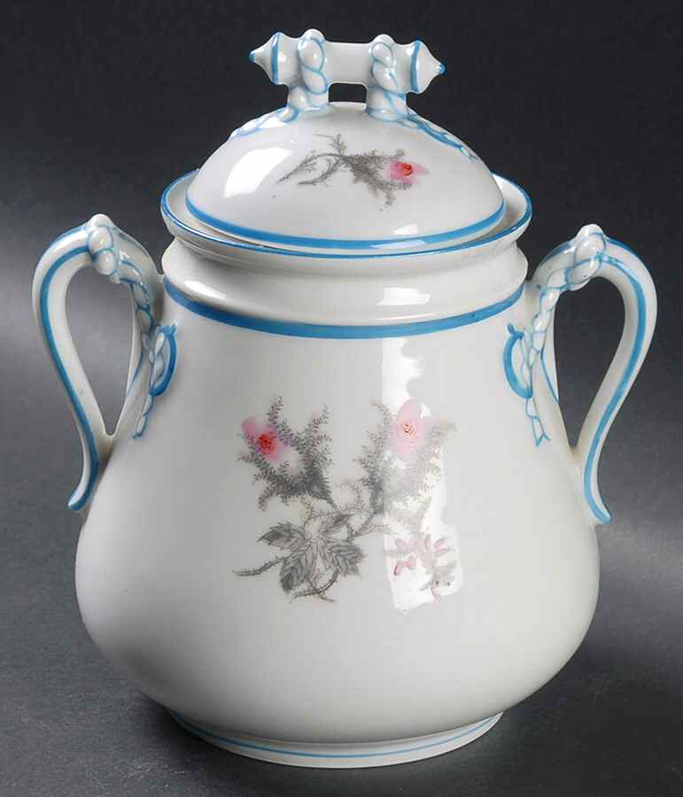 Moss Rose(Blue Trim, Gray Leaves) Sugar Bowl & Lid by Haviland-1