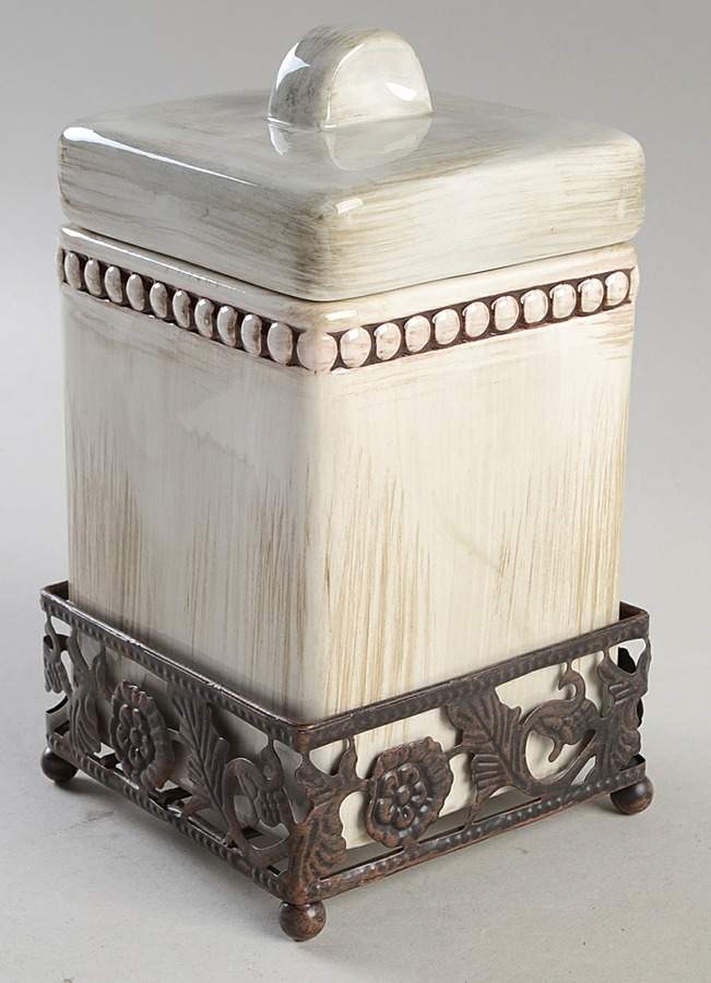 Beaded Antique White Small Canister with Metal Base by Home Essentials-1