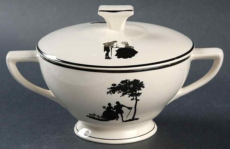 Colonial Lady (Smooth) Black Trim Sugar Bowl & Lid by Harker-1