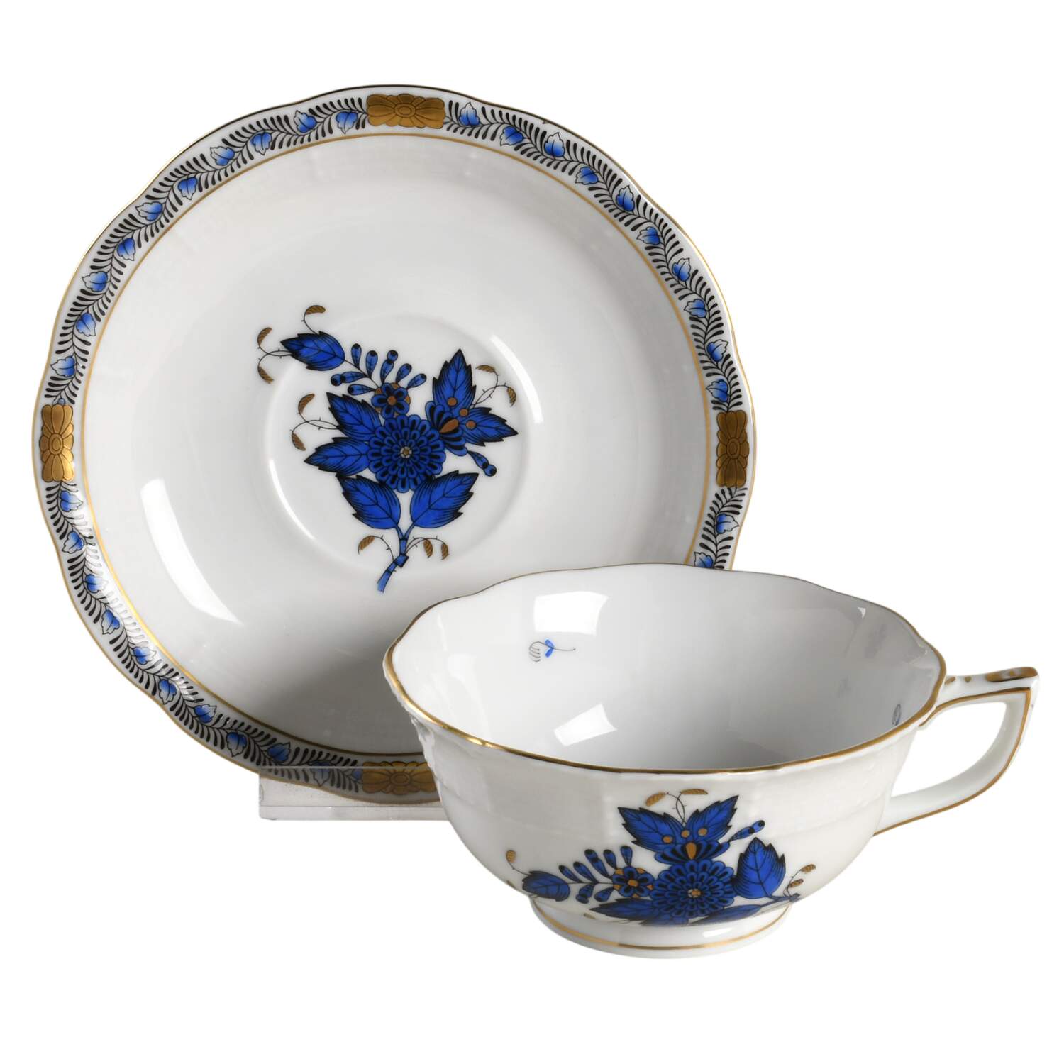 Chinese Bouquet Black and Blue Footed Cup & Saucer Set by Herend-1