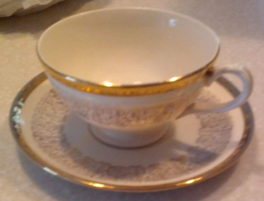 Mme de Pompadour (Gold Band) Footed Cup & Saucer Set by Homer Laughlin -1