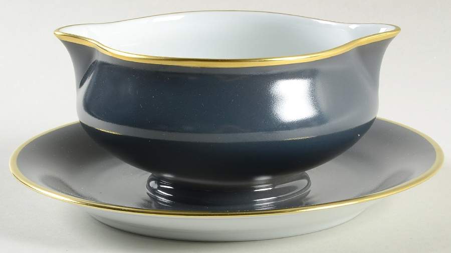 Color Block Gold Grey Gravy Boat with Attached Underplate by Haviland-1
