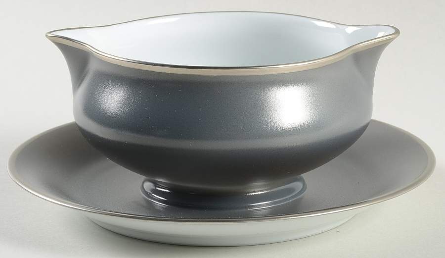 Color Block Platinum Grey Gravy Boat with Attached Underplate by Haviland-1