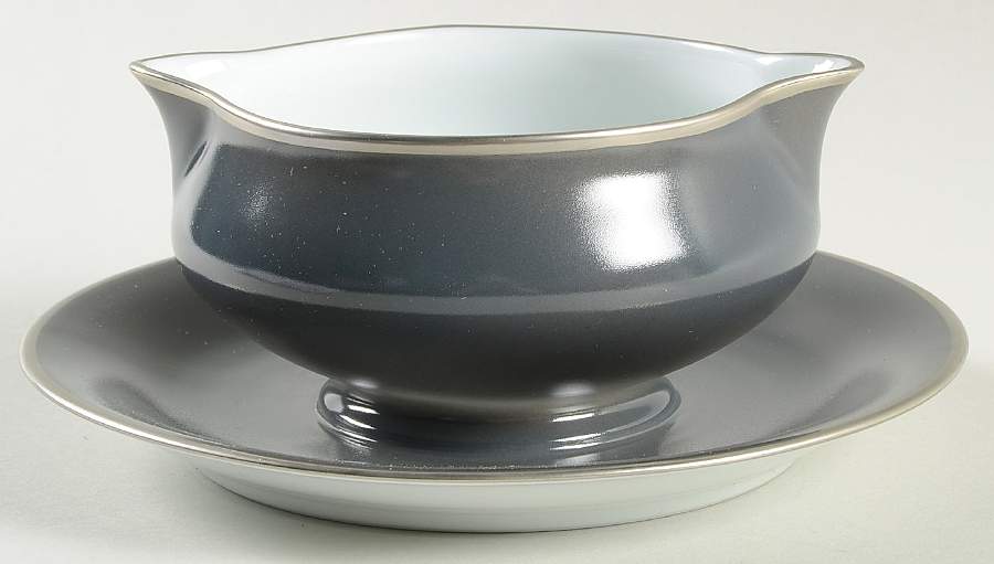 Color Block Platinum Grey Gravy Boat with Attached Underplate by Haviland-1