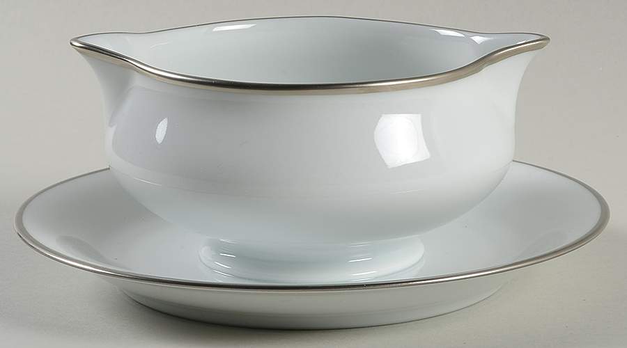 Color Block Platinum White Gravy Boat with Attached Underplate by Haviland-1