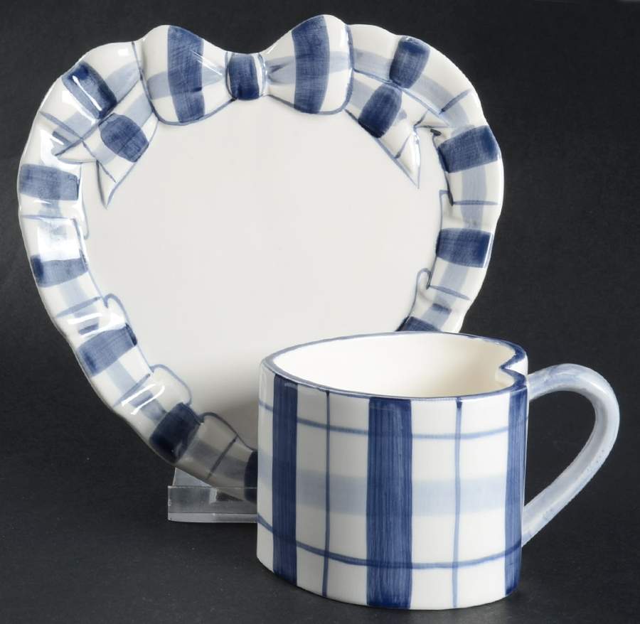 Blue Plaid Border Flat Cup & Saucer Set by Haldon-1