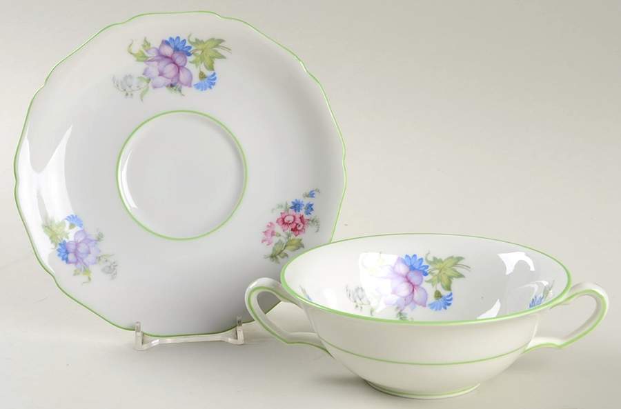 5873 Green Trim Flat Cream Soup Bowl & Saucer Set by Hutschenreuther-1