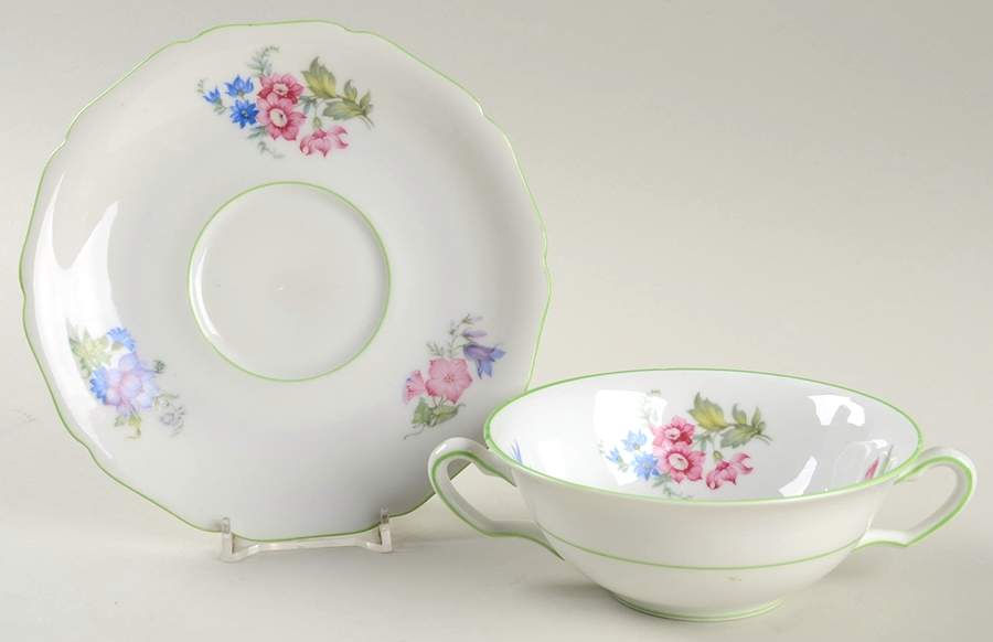 5873 Green Trim Flat Cream Soup Bowl & Saucer Set by Hutschenreuther-1