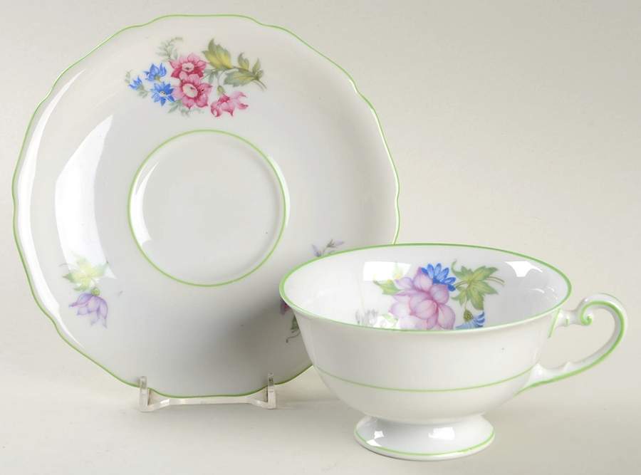 5873 Green Trim Footed Cup & Saucer Set by Hutschenreuther-1