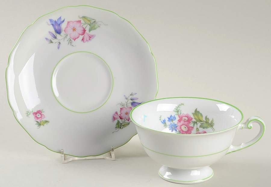 5873 Green Trim Footed Cup & Saucer Set by Hutschenreuther-1