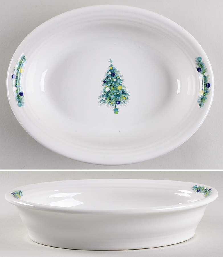 Fiesta Blue Christmas Tree 10" Oval Vegetable Bowl by Homer Laughlin -1