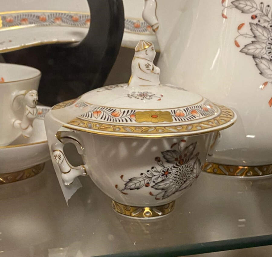 Chinese Bouquet Gray, Rust & Gold Sugar Bowl & Lid by Herend-1