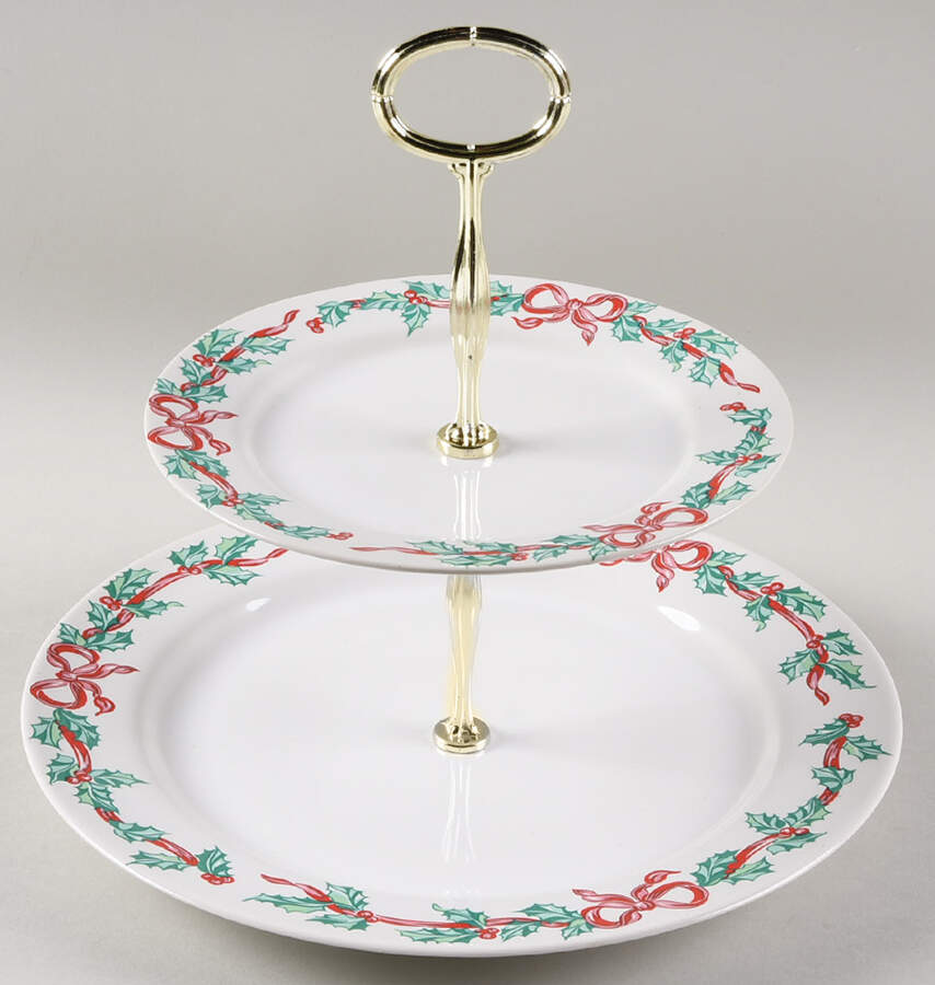 Christmas Ribbons 6 5/8"-10"  2 Tiered Serving Tray (Dp, Sp) HC by International-1