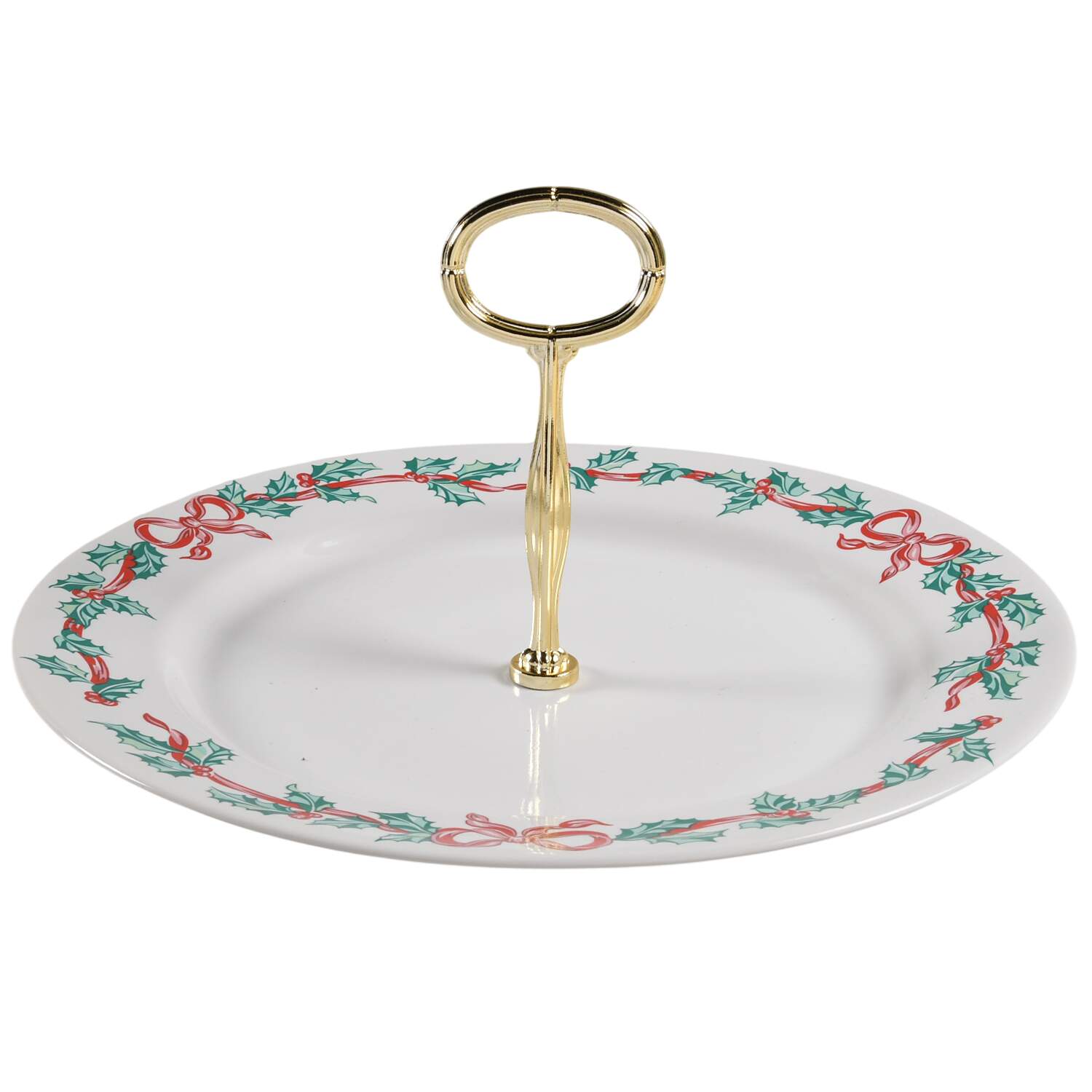 Christmas Ribbons Round Serving Plate with Center Handle (Dp) Hc by International-1