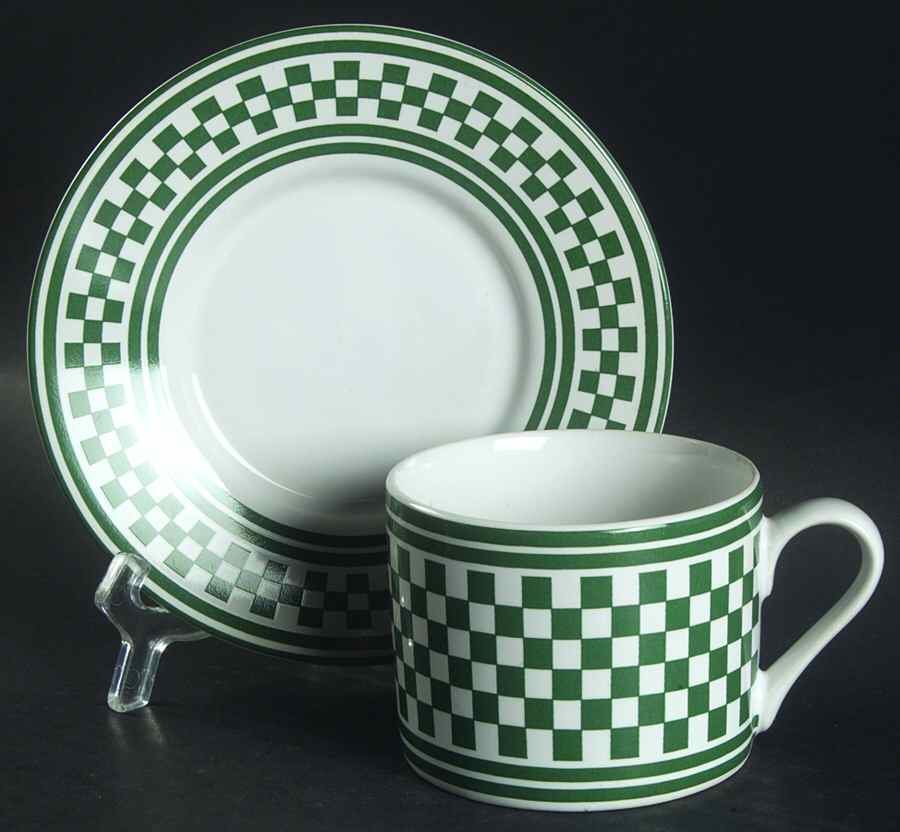 Classic Checks Green Flat Cup & Saucer Set by International-1
