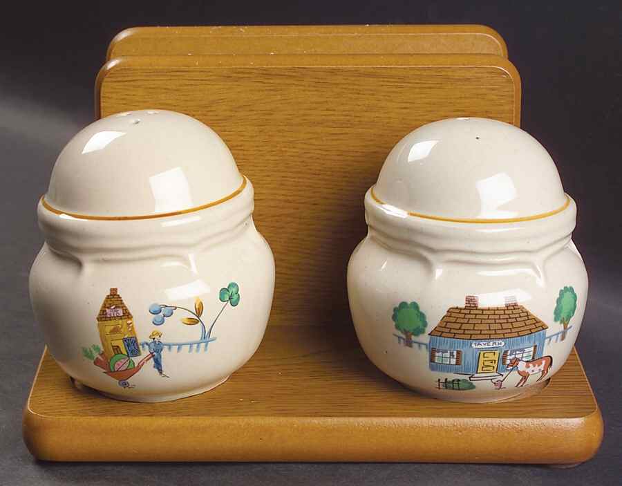 Heartland Village Salt & Pepper Set on Wood Napkin Holder Tray by International-1