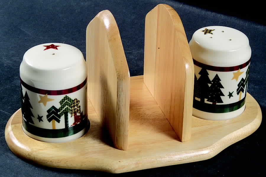 Prairietown Christmas Salt & Pepper Set on Wood Napkin Holder Tray by International-1