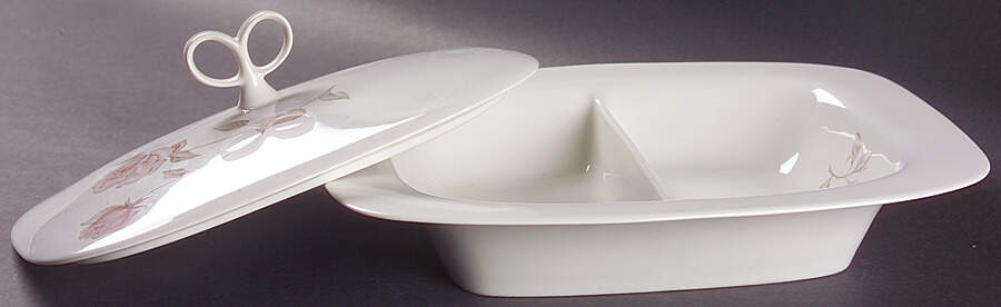 Beige Rose (Rim) Rectangular Covered Divided Vegetable by Iroquois-1