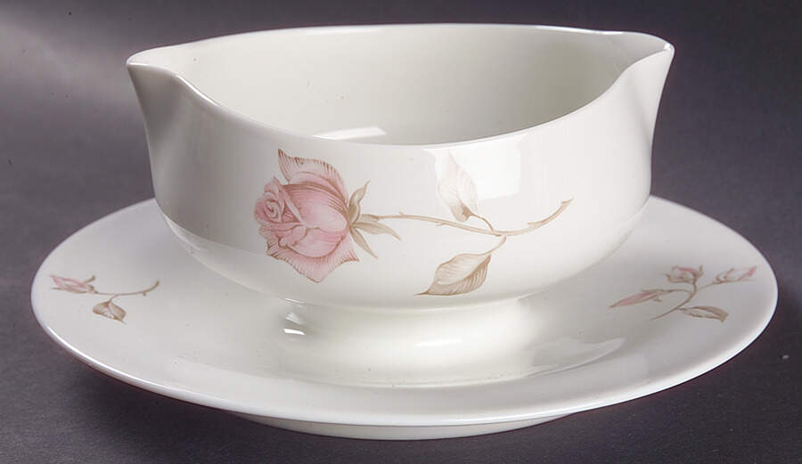 Beige Rose (Rim) Gravy Boat with Attached Underplate by Iroquois-1