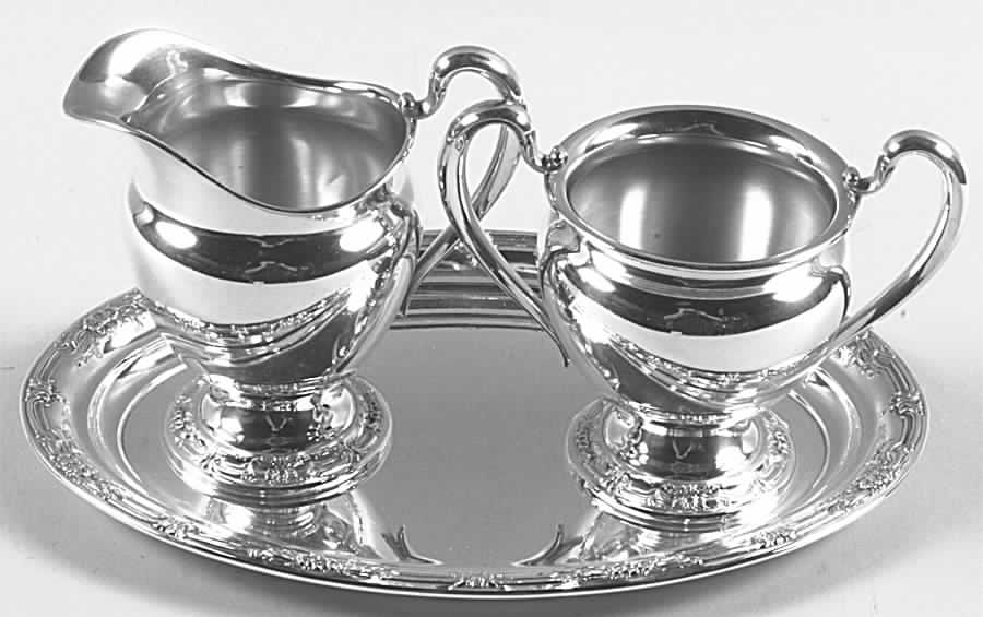 Wild Rose-New (Sterling, 1948, New, Hollowware) Sterling Creamer, Open Sugar and Tray Set by International Silver-1