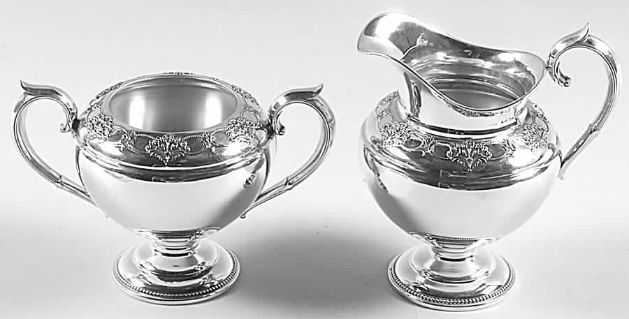 Queen's Lace (Sterling, 1949, Hollowware) Mini Sterling Creamer and Open Sugar by International Silver-1