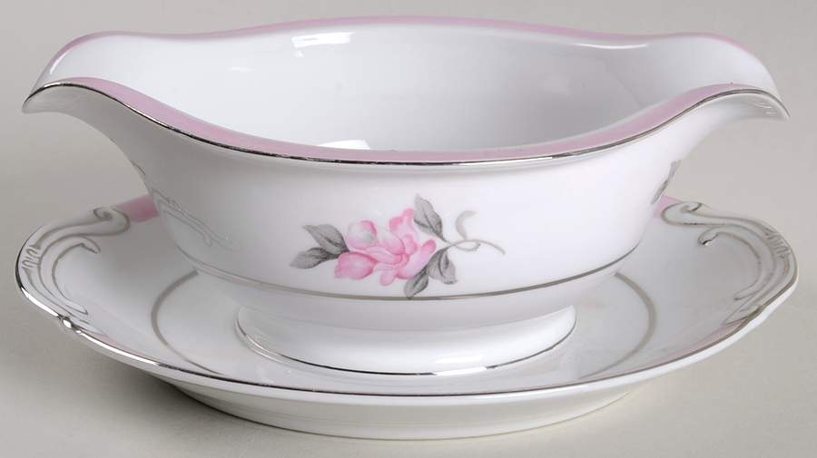 Blushing Rose Round Gravy Boat/Attached Underplate by Japan-1