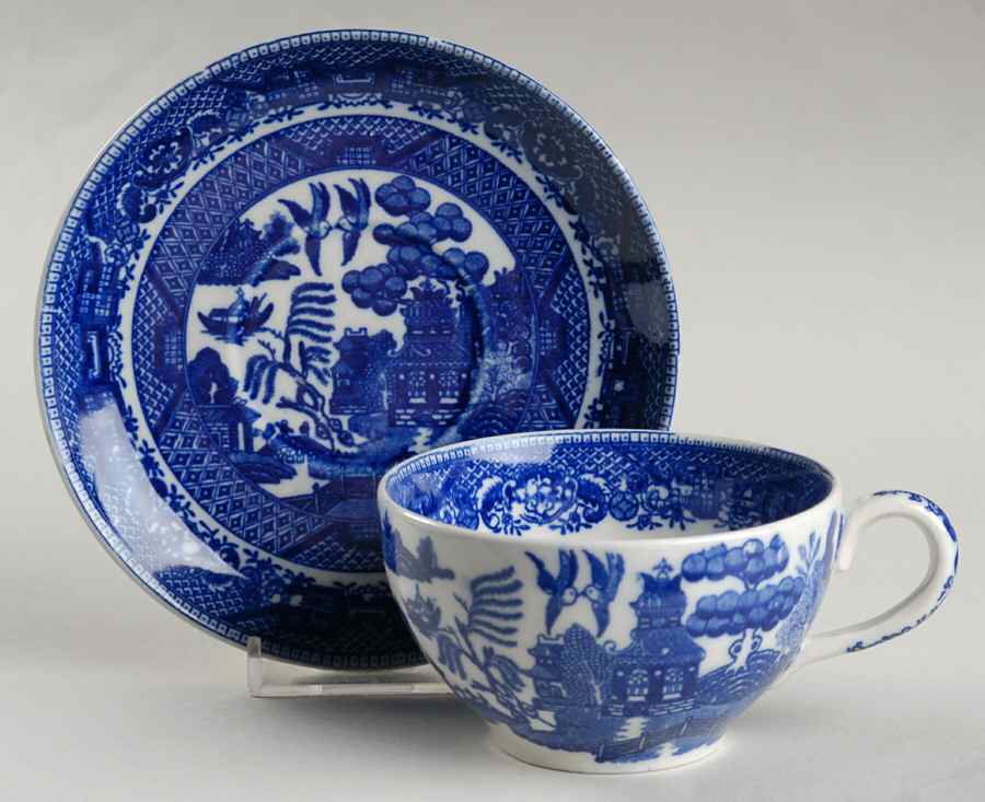 Blue Willow (No Gold, "Made In Japan") Flat Cup & Saucer Set by Japan-1