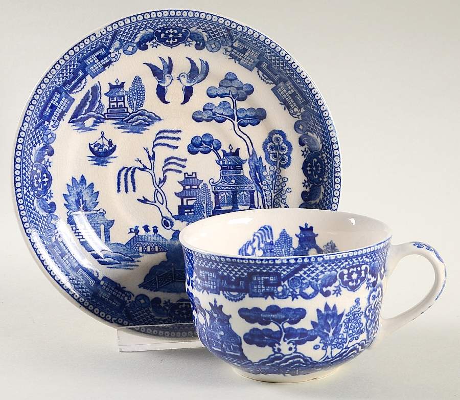 Blue Willow (No Gold, "Made In Japan") Flat Cup & Saucer Set by Japan-1