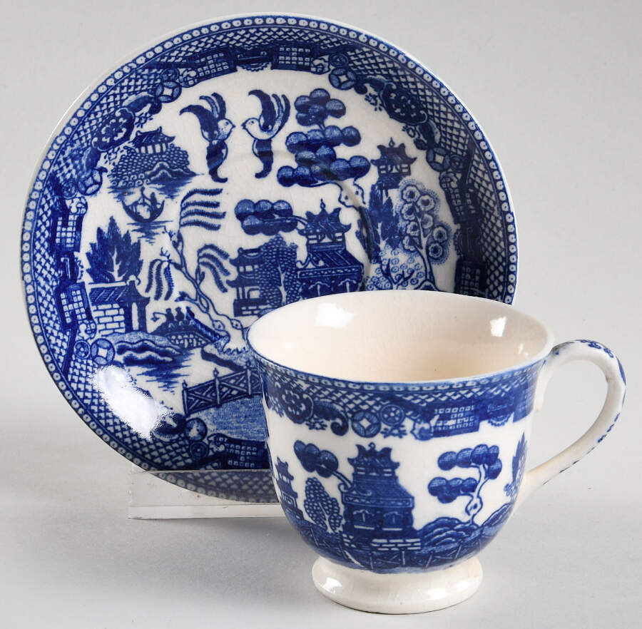 Blue Willow (No Gold, "Japan" Only) Footed Demitasse Cup & Saucer Set by Japan-1
