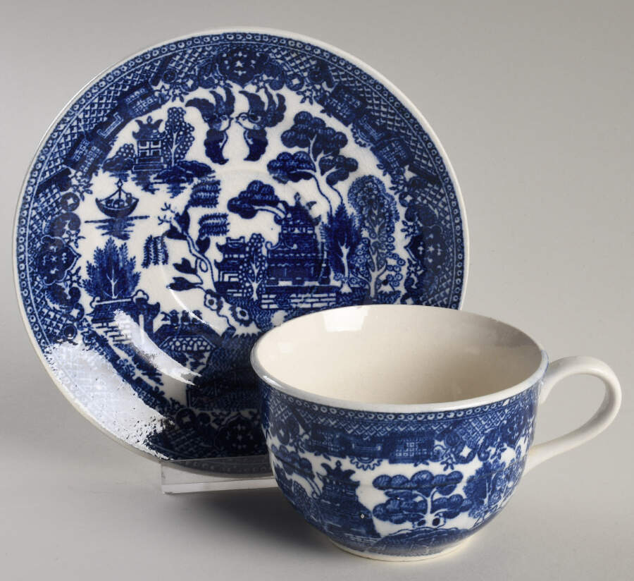 Blue Willow (No Gold, "Japan" Only) Flat Cup & Saucer Set by Japan-1