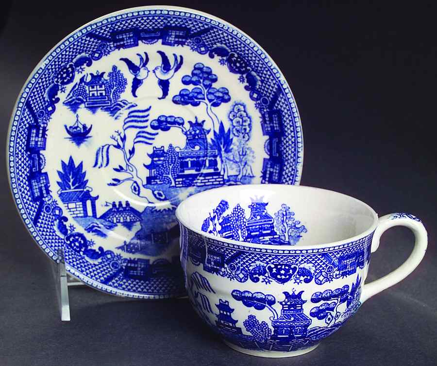 Blue Willow (No Gold, "Japan" Only) Flat Cup & Saucer Set by Japan-1