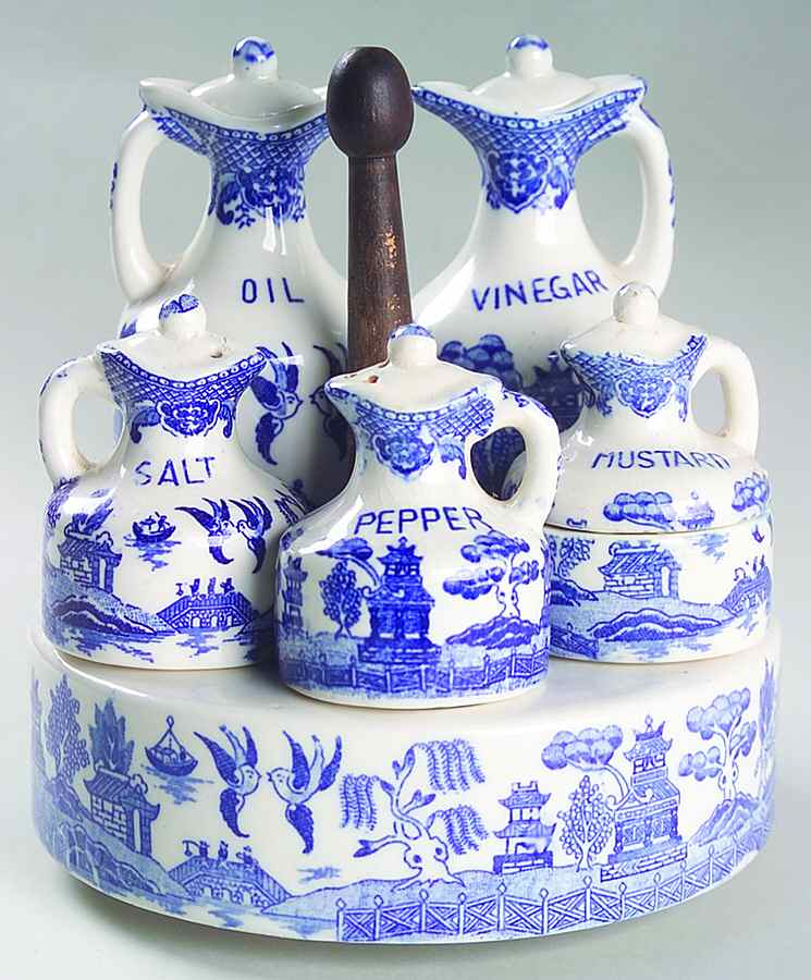 Blue Willow (No Gold, "Japan" Only) (11 Pc) Condiment Set (SAP,MUS,VO,TRAY&STD) by Japan-1