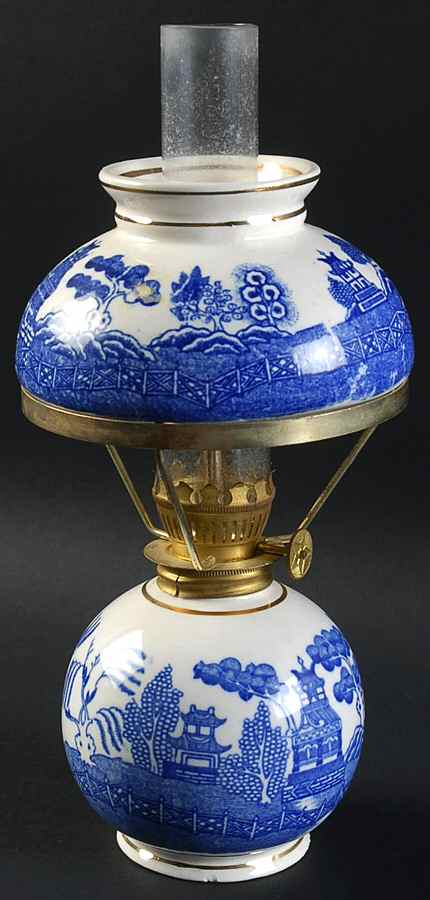 Blue Willow (No Gold, "Japan" Only) Miniature Oil Lamp with Shade and Glass Chimney by Japan-1
