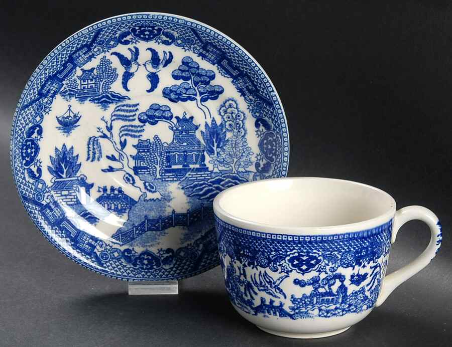 Blue Willow (No Gold, "Japan" Only) Flat Cup & Saucer Set by Japan-1