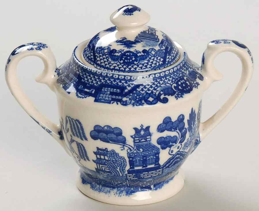 Blue Willow (No Gold, "Japan" Only) Sugar Bowl & Lid by Japan-1