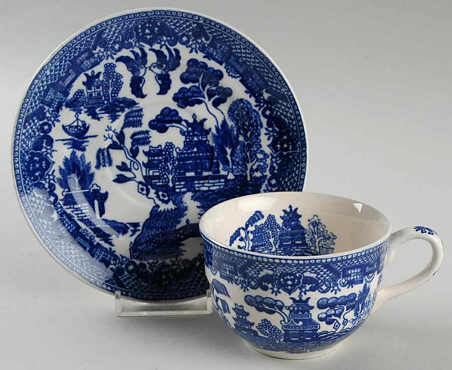 Blue Willow (No Gold, "Japan" Only) Footed Cup & Saucer Set by Japan-1